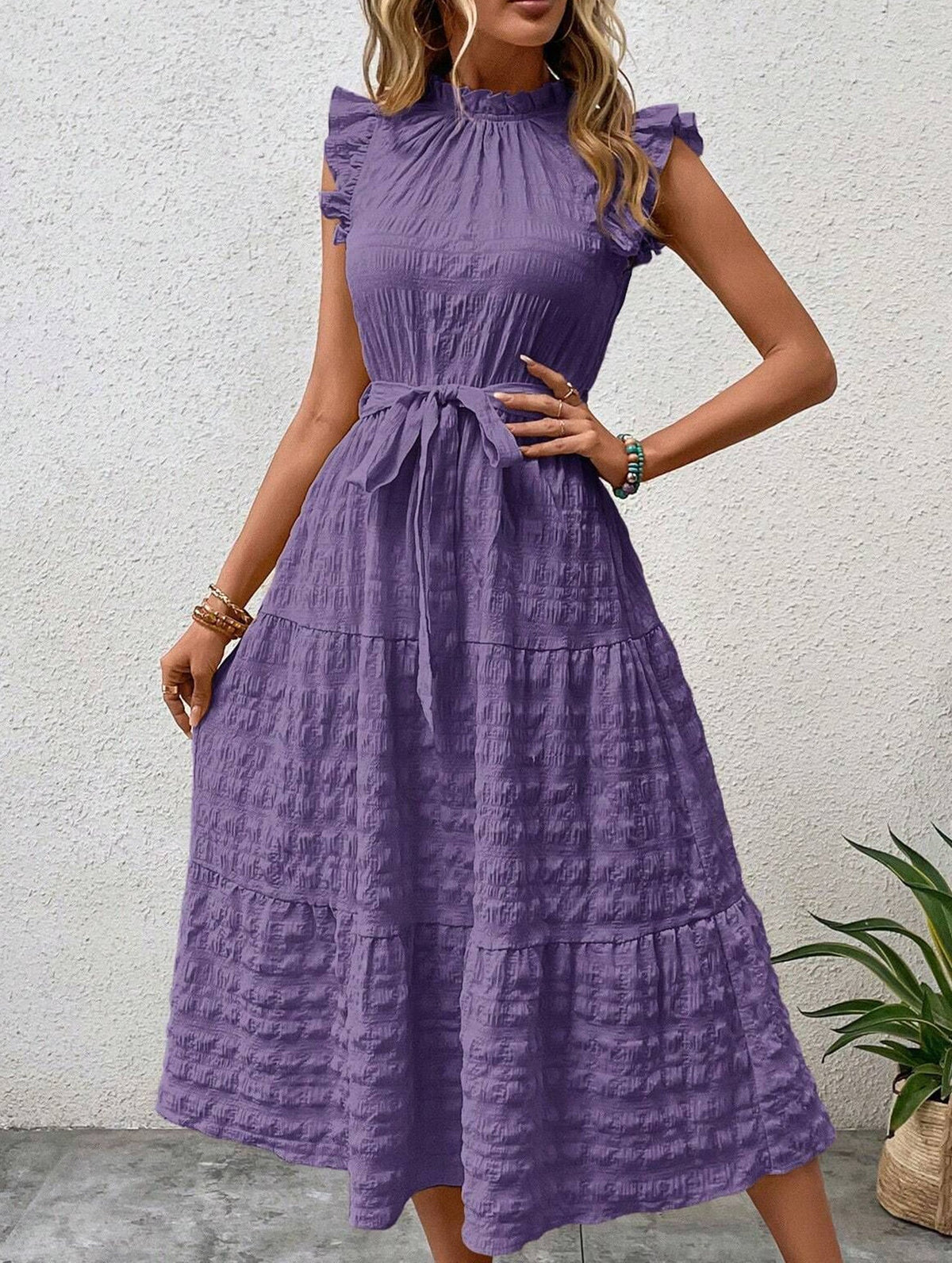 Purple ruffled flutter sleeve tie textured dress by Christine Brewer, featuring a flowy design and elegant detailing.