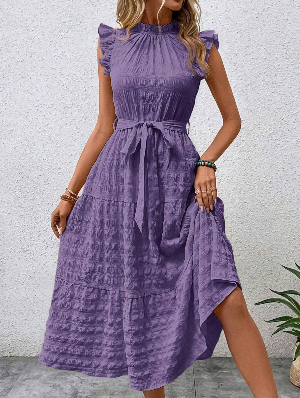 White ruffled flutter sleeve tie textured dress by Christine Brewer, featuring a stylish and elegant design.