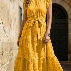 White ruffled flutter sleeve tie textured dress by Christine Brewer, featuring a flowy silhouette and elegant design.