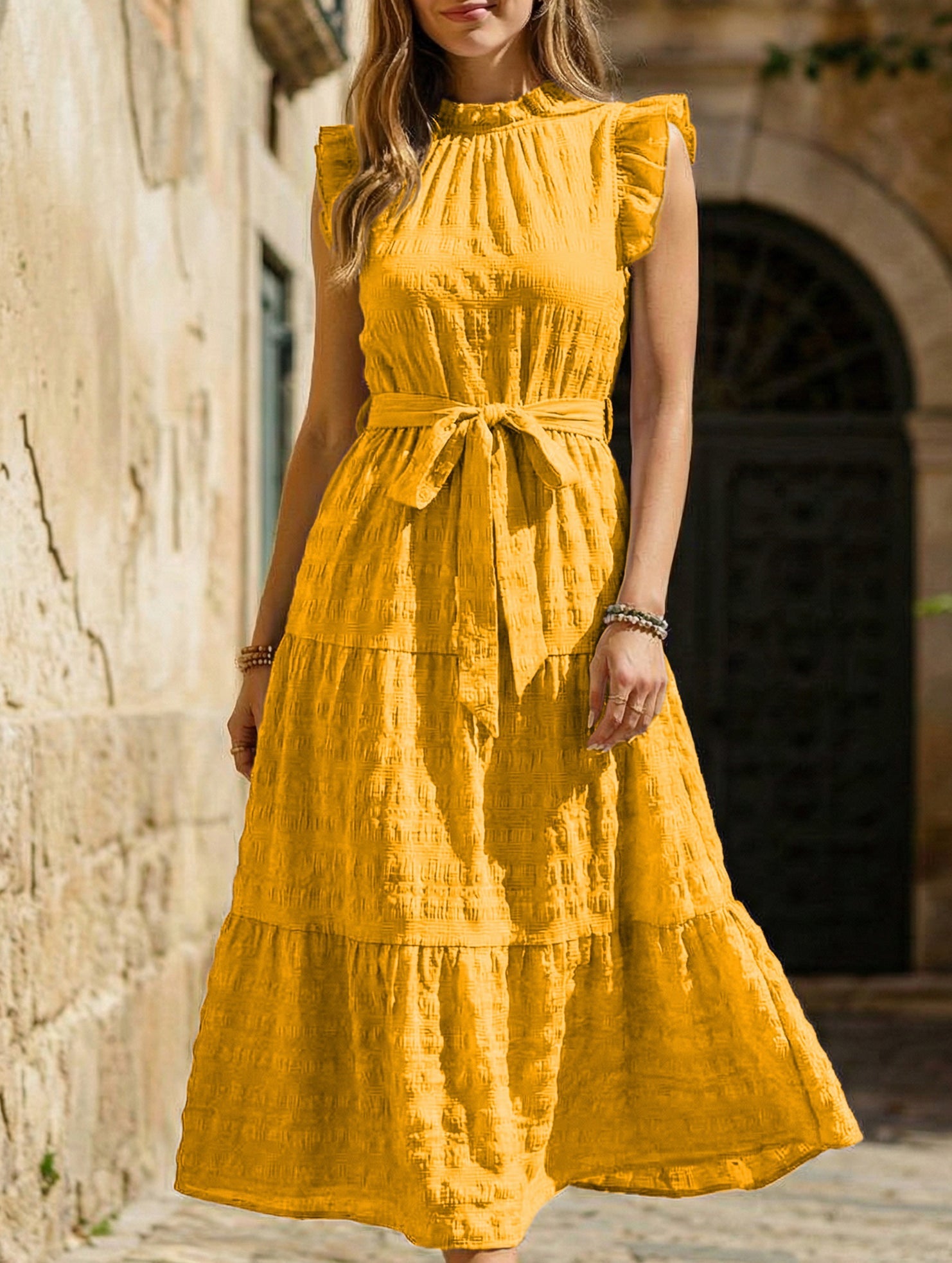White ruffled flutter sleeve tie textured dress by Christine Brewer, featuring a flowy silhouette and elegant design.