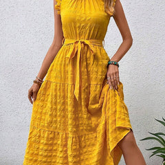 Yellow ruffled flutter sleeve tie textured dress by Christine Brewer, featuring feminine design and stylish details.