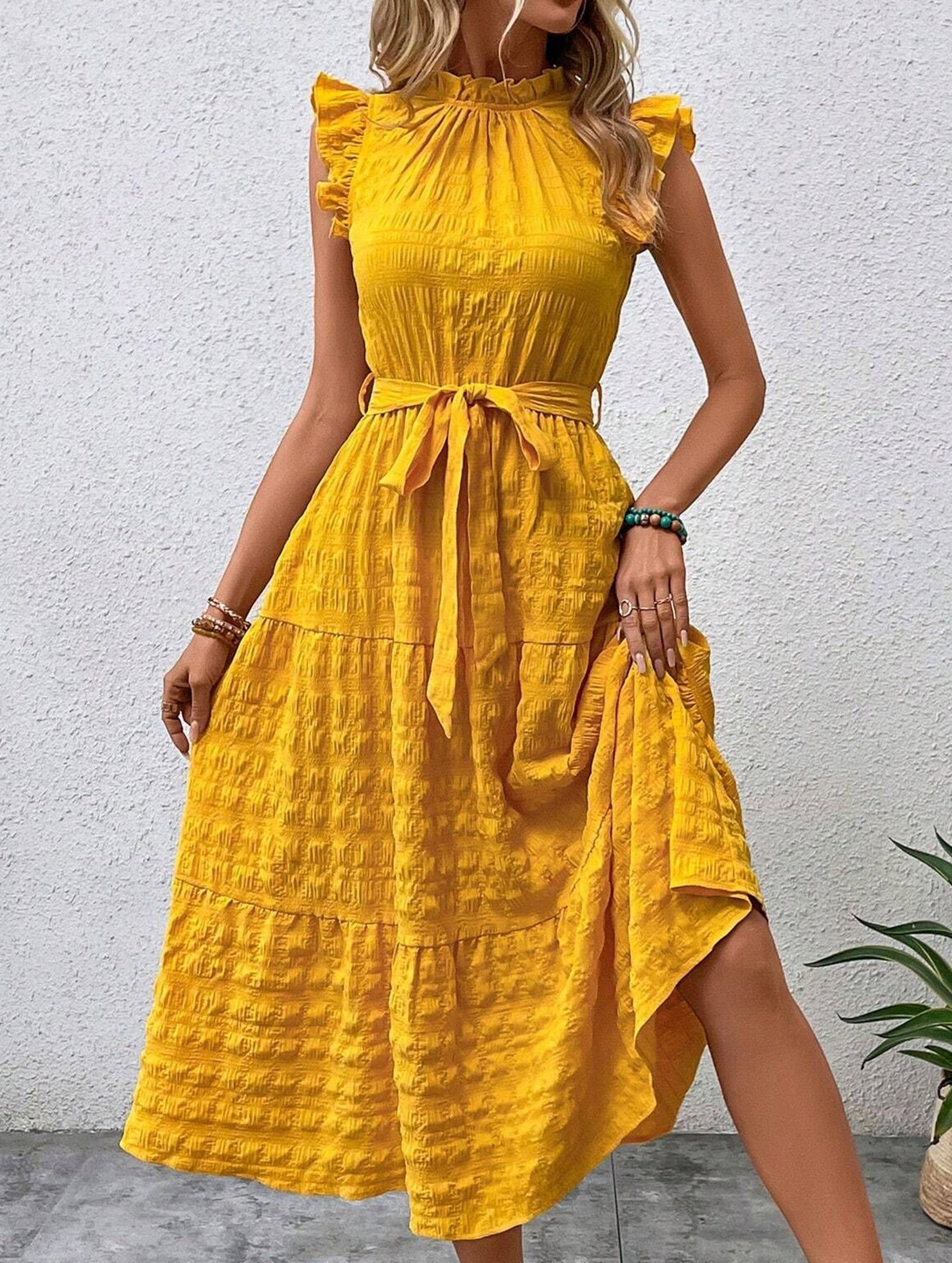 Yellow ruffled flutter sleeve tie textured dress by Christine Brewer, featuring feminine design and stylish details.