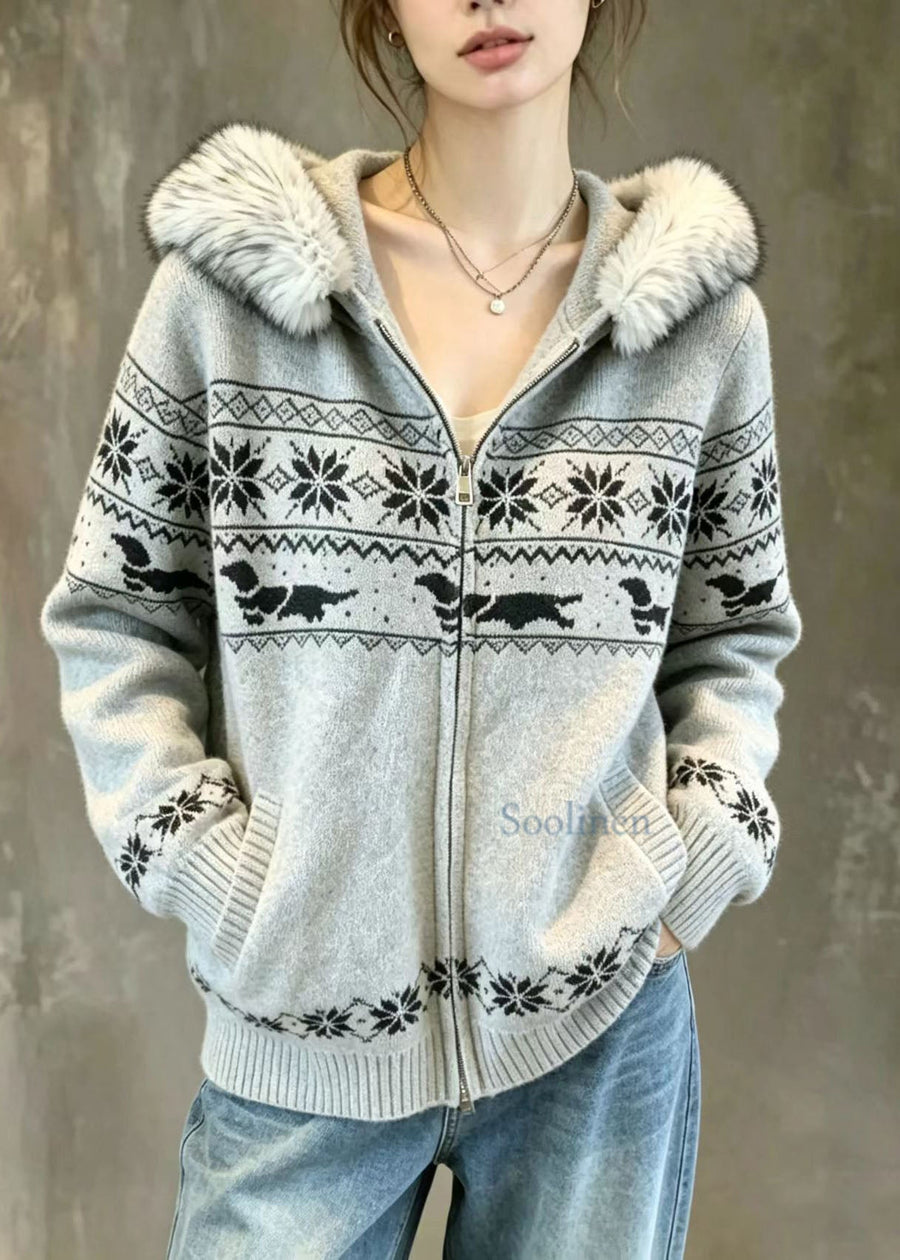 Maja | Women's Knit Sweater Grey Nordic Fair Isle Hooded Warm Holiday Knit