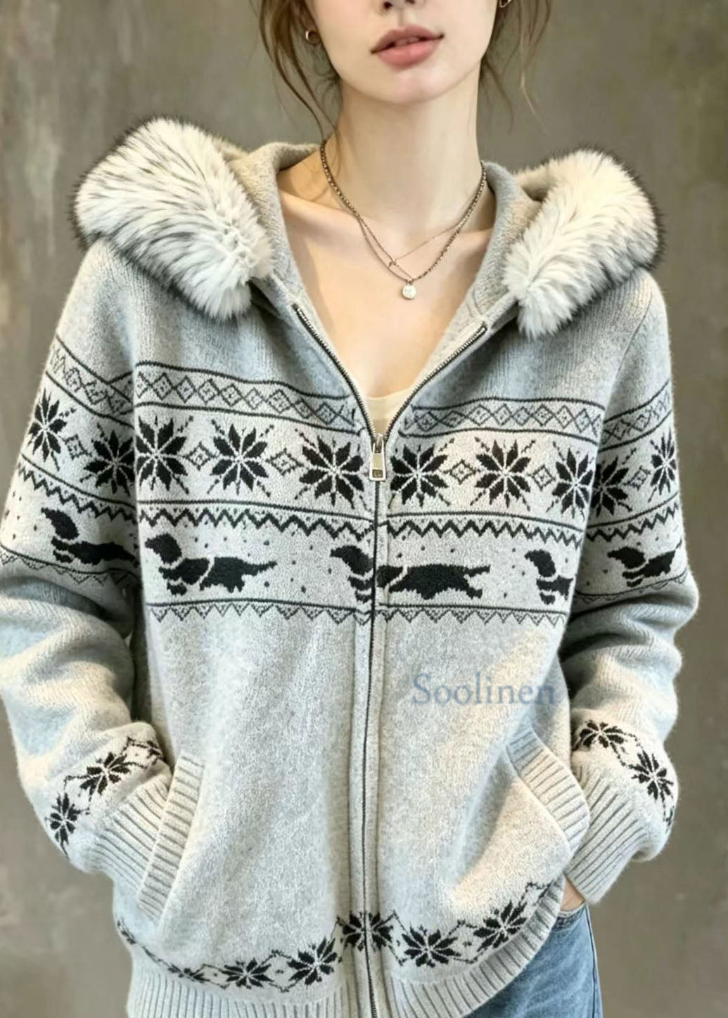 Maja | Women's Knit Sweater Grey Nordic Fair Isle Hooded Warm Holiday Knit