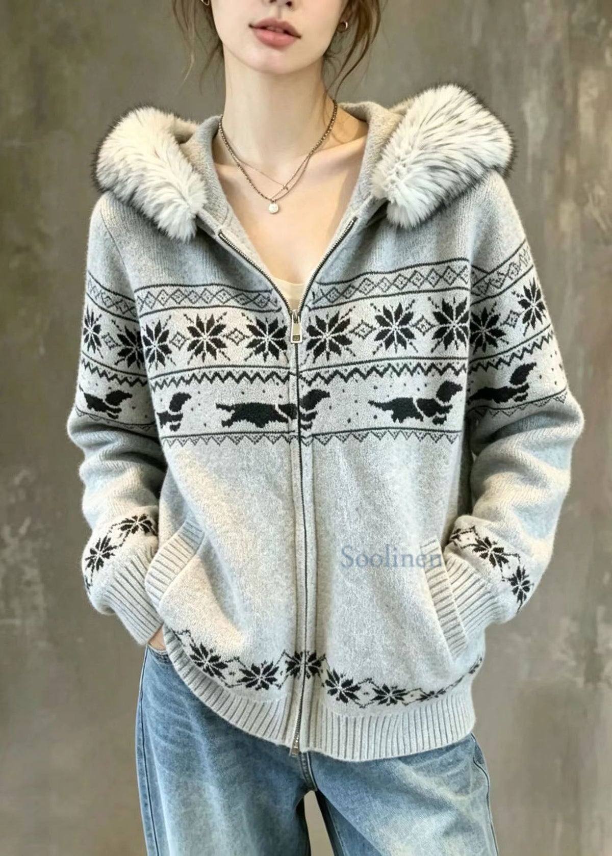 Maja | Women's Knit Sweater Grey Nordic Fair Isle Hooded Warm Holiday Knit