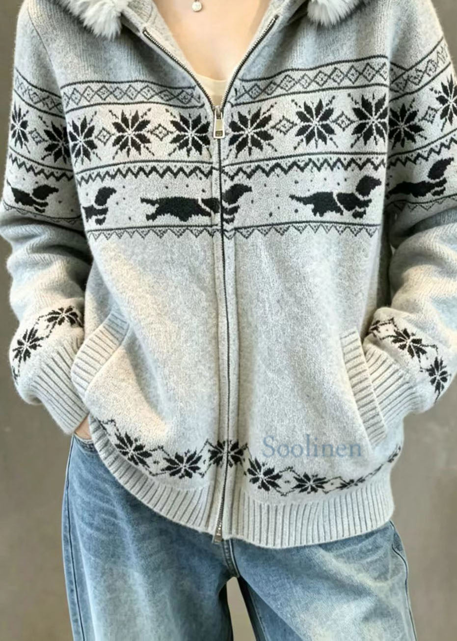 Maja | Women's Knit Sweater Grey Nordic Fair Isle Hooded Warm Holiday Knit