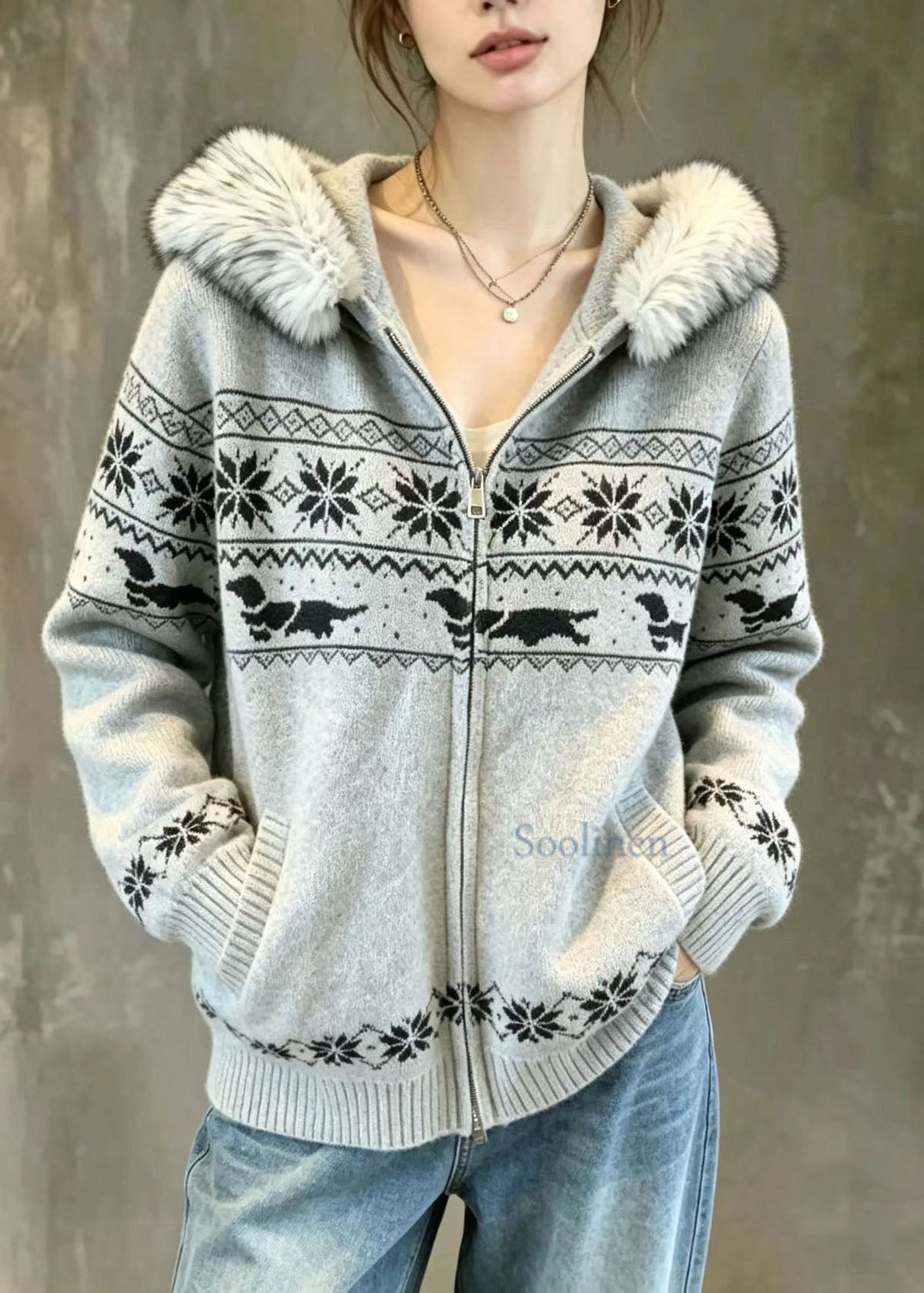 Maja | Women's Knit Sweater Grey Nordic Fair Isle Hooded Warm Holiday Knit