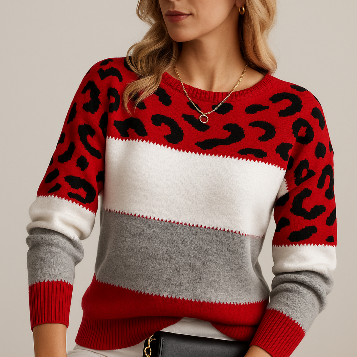 Leopard print graphic sweater for women by Christine Brewer featuring the Amanda design, cozy knit with bold animal print pattern.