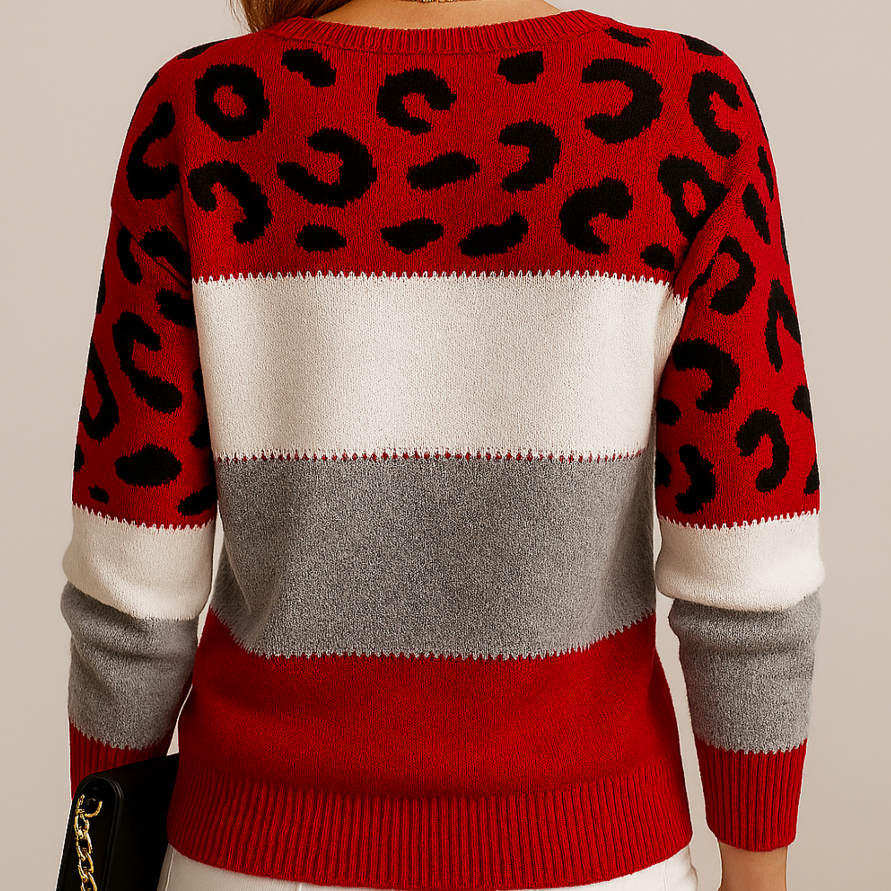 Amanda leopard print graphic sweater for women by Christine Brewer, featuring a stylish leopard pattern and cozy knit fabric.