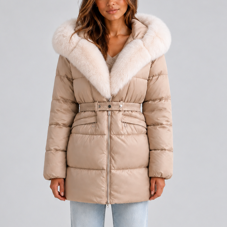 Laurel | Faux Fur Belted Hooded Puffer Coat for Women