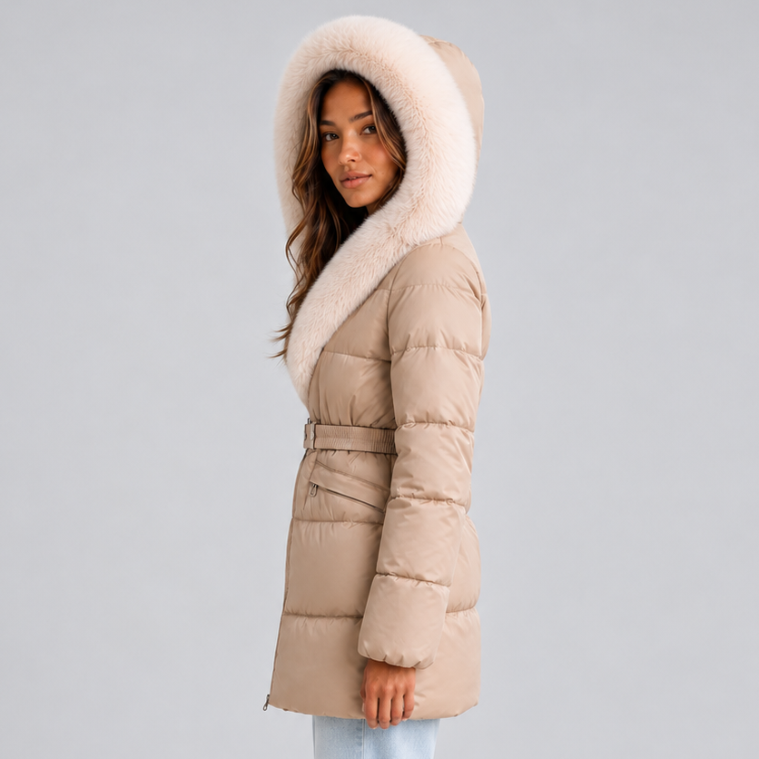 Laurel | Faux Fur Belted Hooded Puffer Coat for Women