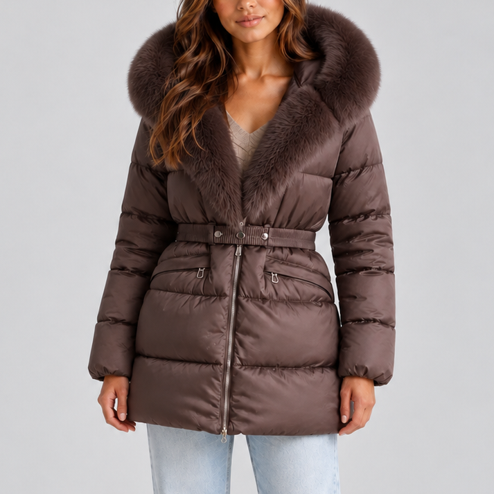 Laurel | Faux Fur Belted Hooded Puffer Coat for Women