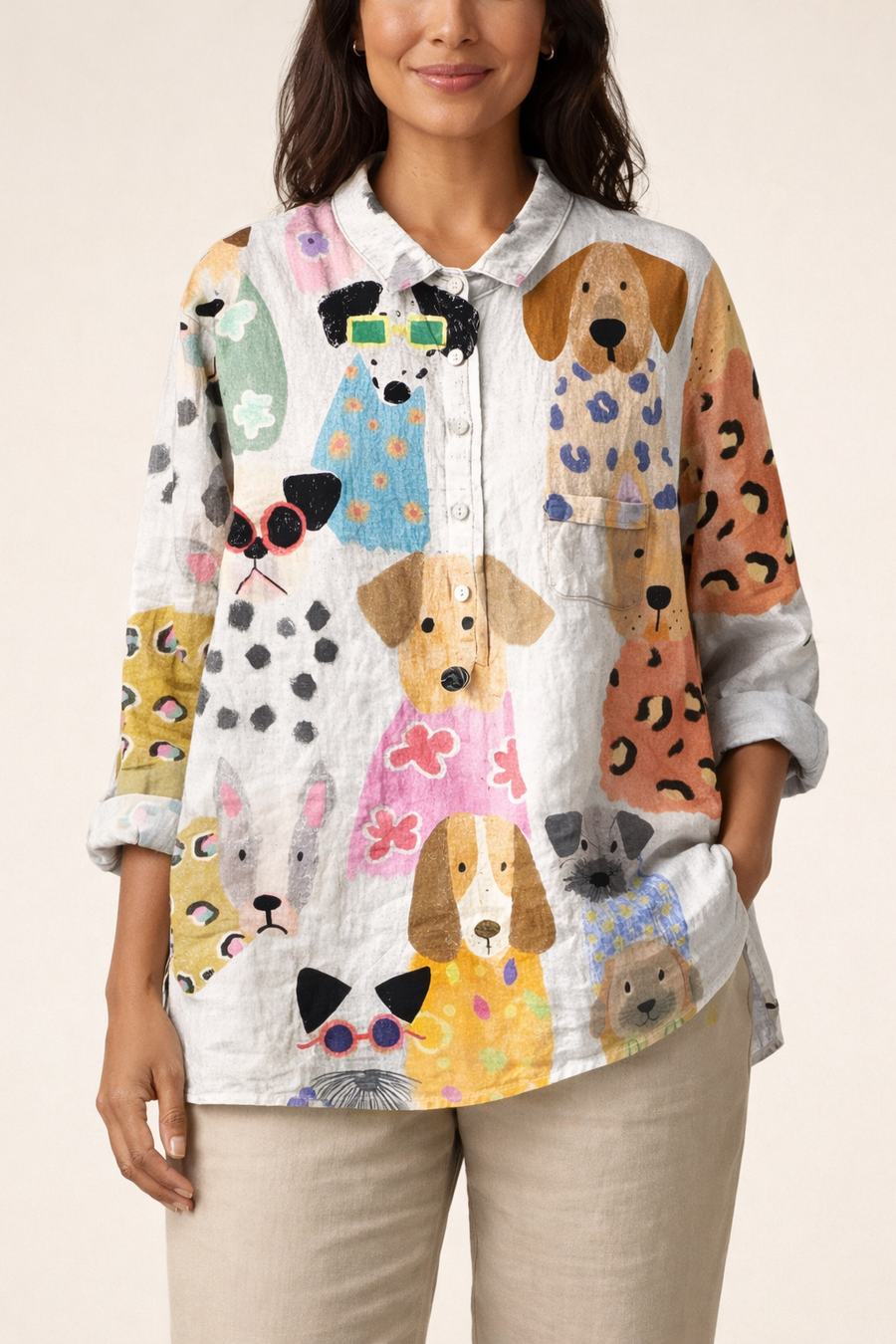 Women's Harper graphic button-up shirt by Christine Brewer, featuring a stylish printed design and classic collar.