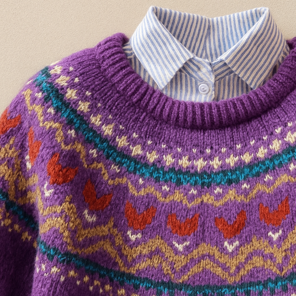 Women’s Nordic sweater by Christine Brewer, featuring a cozy knit design with traditional patterns in neutral colors.