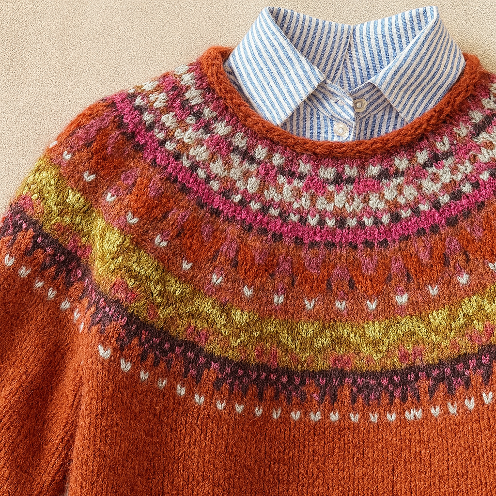 Lena Nordic sweater for women by Christine Brewer, featuring a cozy knit pattern in neutral tones, worn by a woman outdoors.