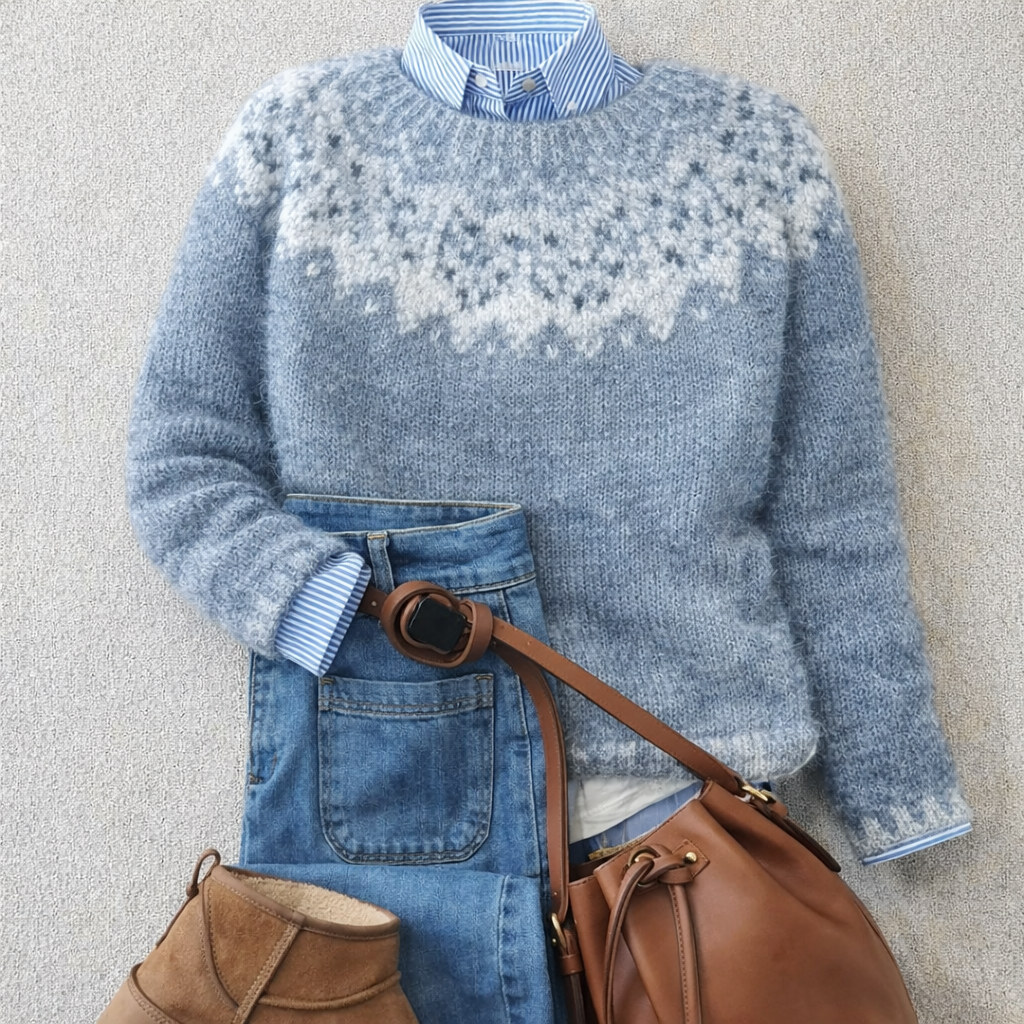 Evelyn Nordic sweater by Christine Brewer featuring a tailored fit and ribbed heritage knit in a cozy, patterned design.