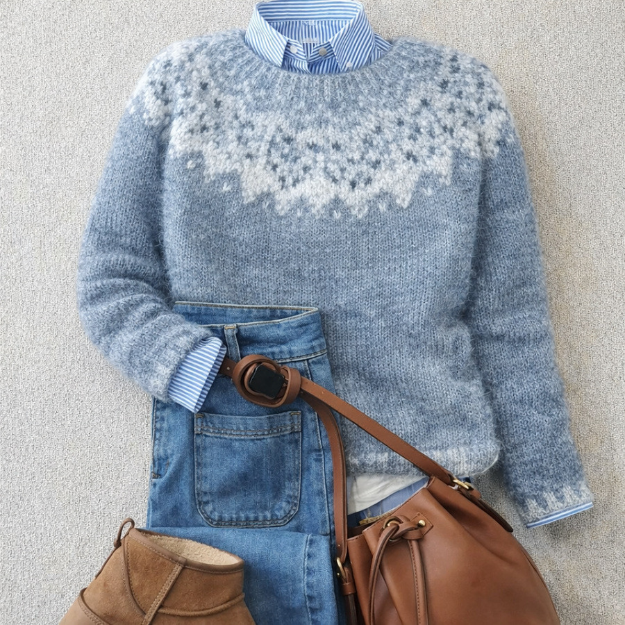 Evelyn Nordic sweater by Christine Brewer featuring a tailored fit and ribbed heritage knit in a cozy, patterned design.