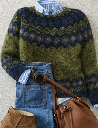 Christine Brewer Freya ribbed Nordic sweater for women, featuring a cozy knit pattern and classic winter style.