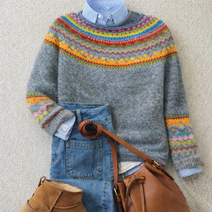 Ribbed Nordic sweater for women by Christine Brewer, featuring a cozy knit design with a high neckline and textured pattern.