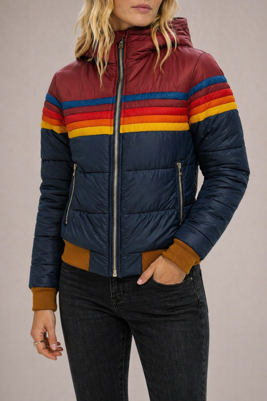 Women’s quilted puffer jacket with hood by Christine Brewer, featuring a stylish quilted design and warm insulation.