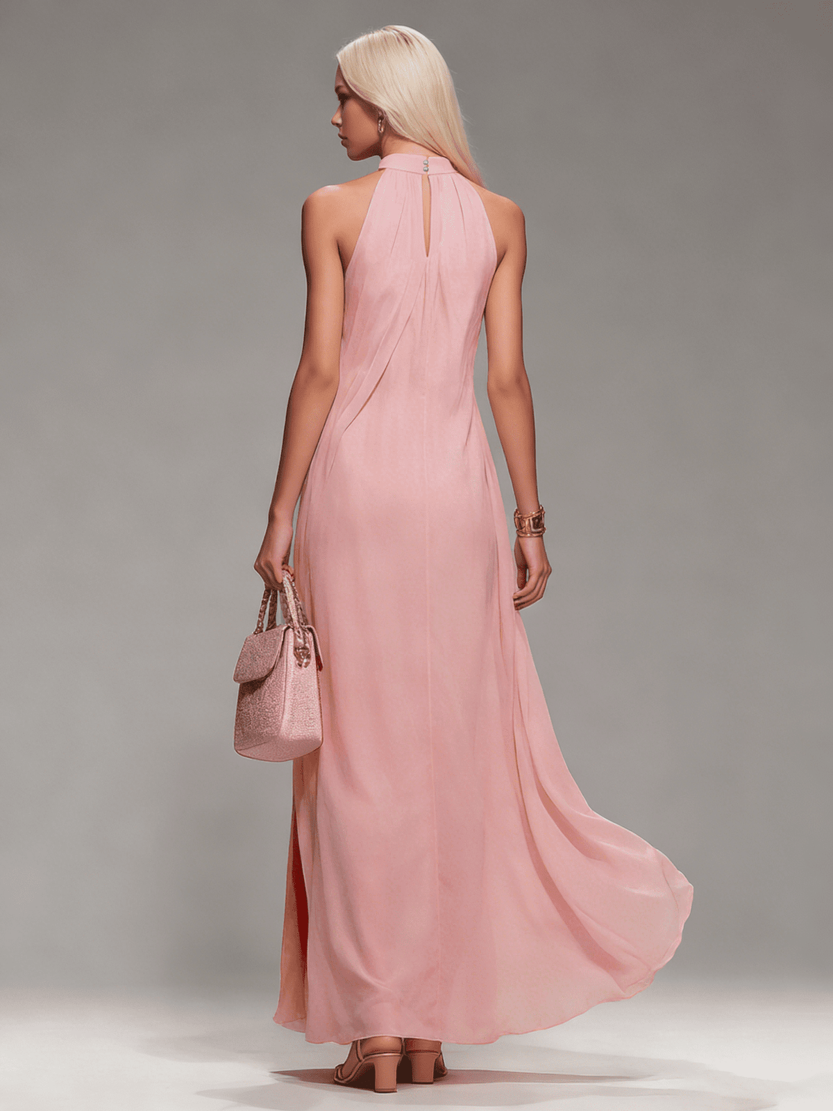 Elegant chiffon halter-neck maxi dress for women by Christine Brewer, featuring a flowing design and comfortable fit for evening wear