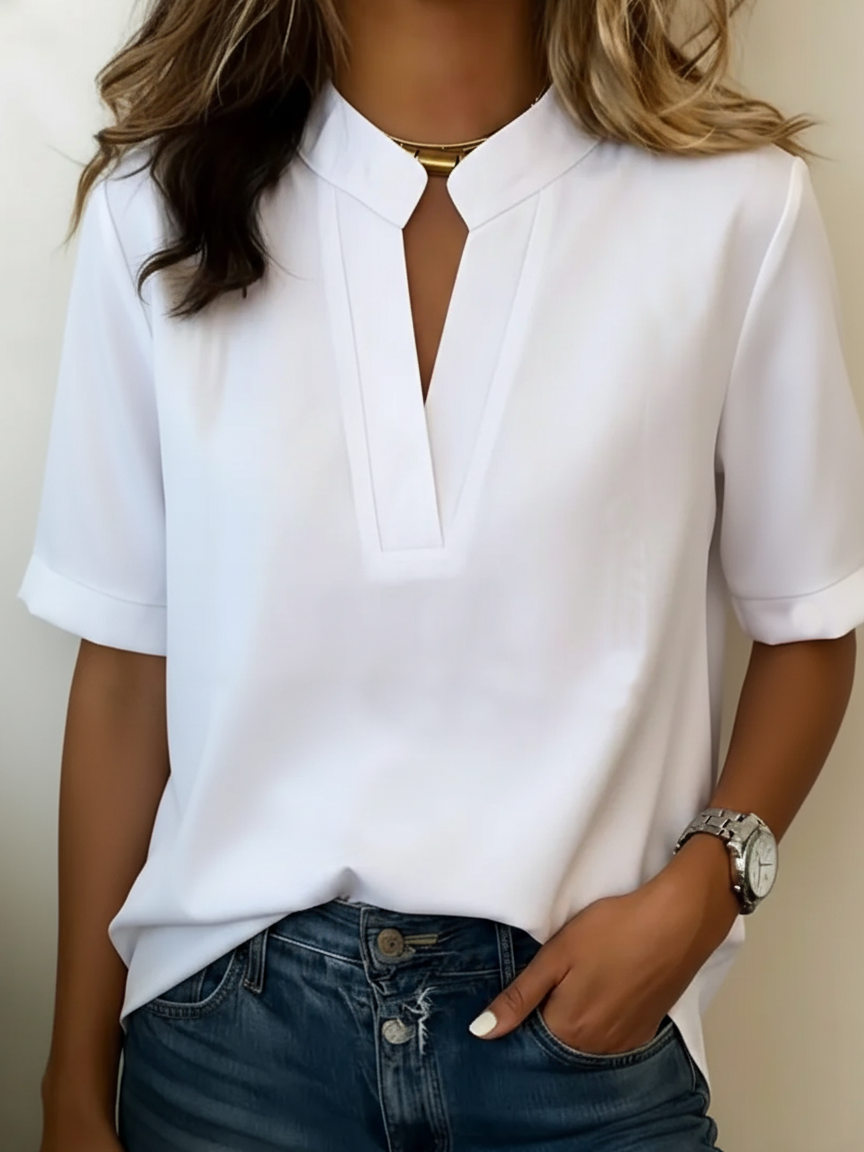 Elowen | V-Neck Blouse Top Short Sleeve Cuffed Sleeve Relaxed Fit Wrinkle-Resistant Work Office Fall