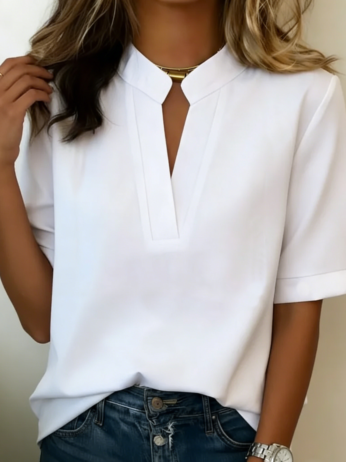 Elowen | V-Neck Blouse Top Short Sleeve Cuffed Sleeve Relaxed Fit Wrinkle-Resistant Work Office Fall