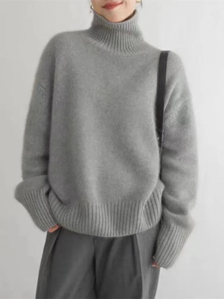 Christine Brewer Kennedy women's high neck sweater in cozy, 100% pure wool knit, perfect for fall and winter wear.