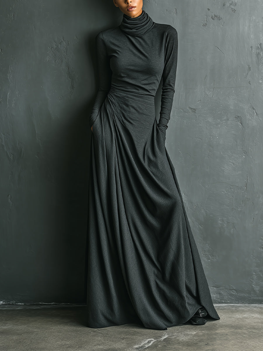 Christine Brewer cotton turtleneck maxi dress, elegant evening dress with long sleeves and flowing silhouette, in soft fabric.