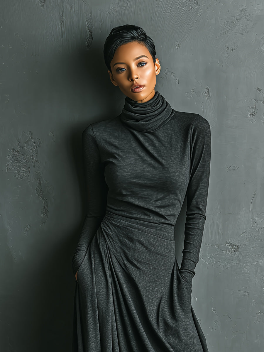 Christine Brewer cotton turtleneck maxi dress, elegant evening dress in soft fabric, featuring a fitted bodice and long sleeves.