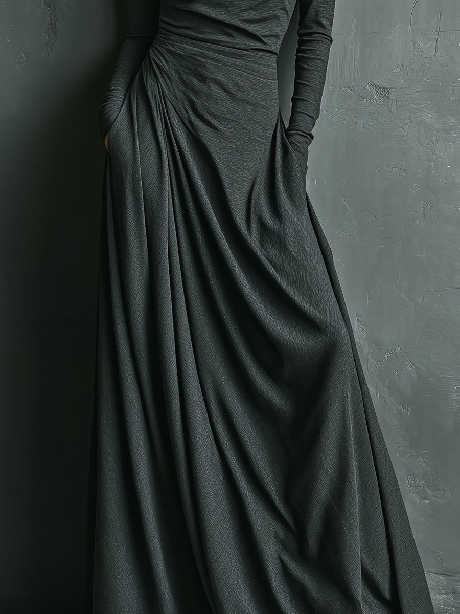 Christine Brewer cotton turtleneck maxi dress for evening wear, showcasing a long, elegant black dress with a fitted silhouette.