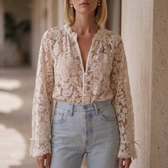 Cream white floral V-neck lace summer blouse for women by Christine Brewer, featuring delicate lace details and a relaxed fit.