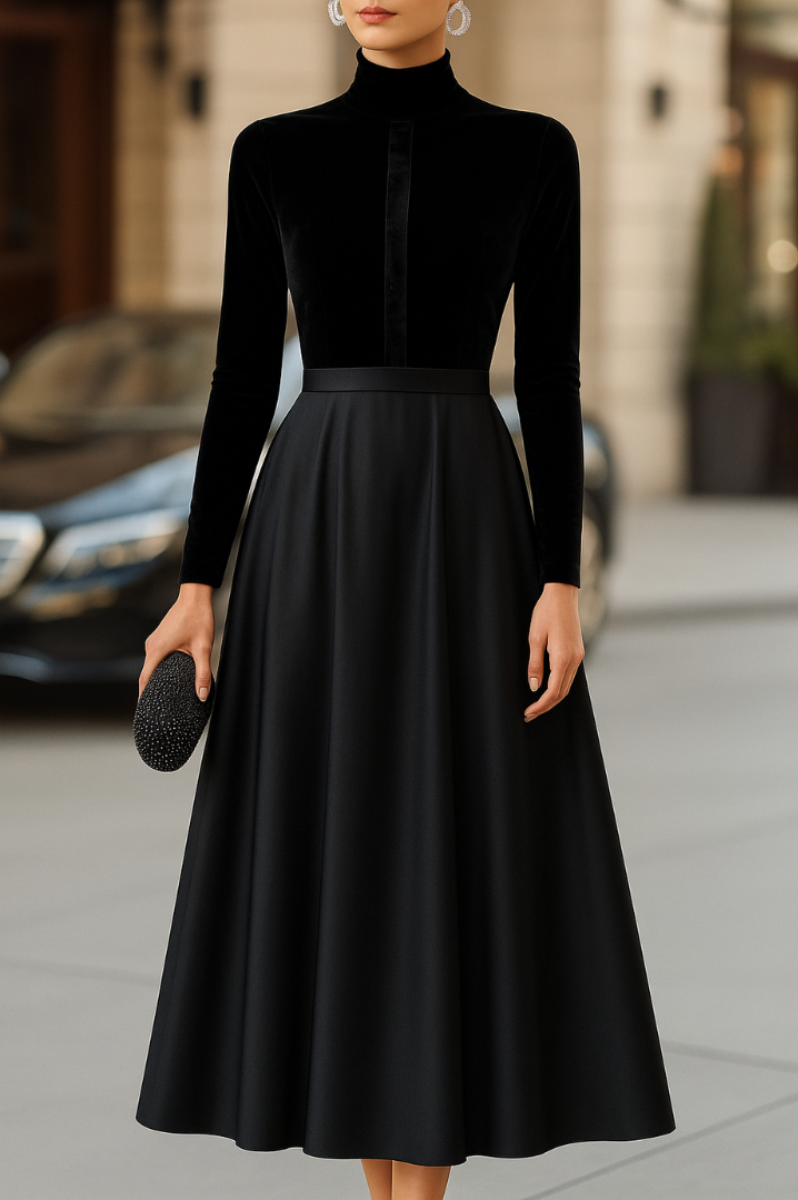 Gretchen | Black Velvet Midi Dress for Women
