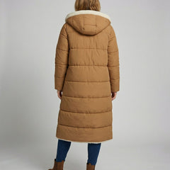 Christina Brewer Iris long puffer jacket for women, reversible sherpa winter jacket, back view showing warm, cozy design.