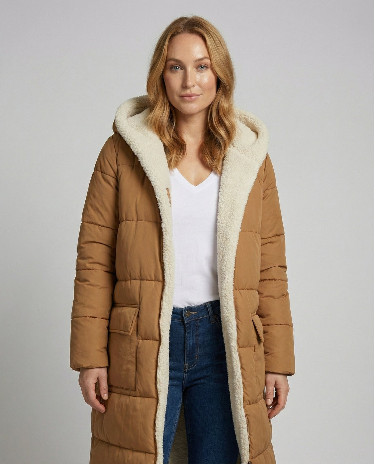 Christine Brewer Iris long puffer jacket for women with sherpa fleece lining, reversible winter coat for warmth and style.