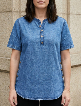 Dark blue denim summer top for women with button front styling, by Christine Brewer, casual and comfortable women's clothing.