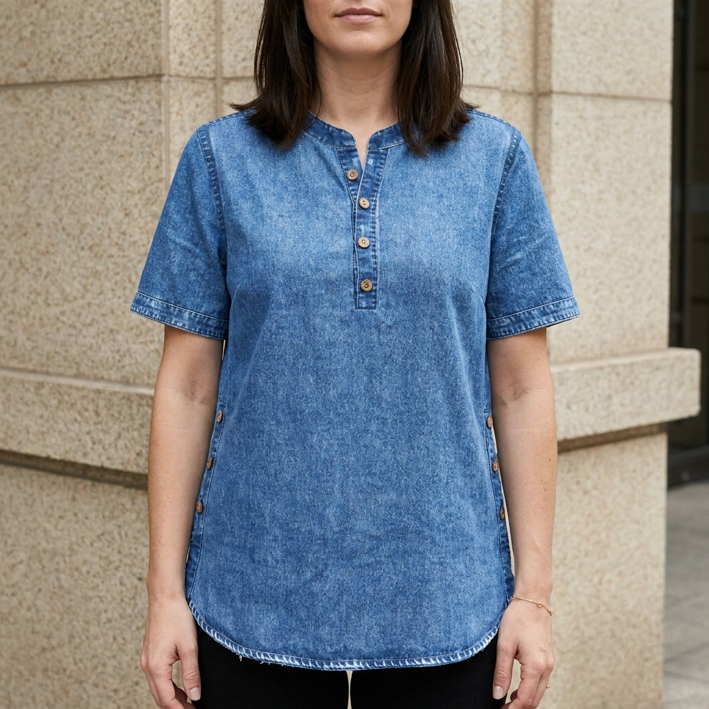 Dark blue denim summer top for women with button front styling, by Christine Brewer, casual and comfortable women's clothing.