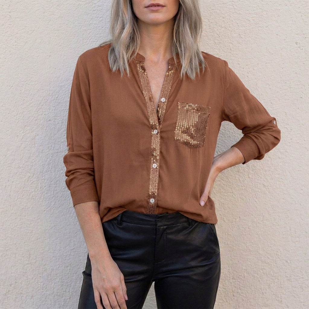 Dark brown summer blouse for women with V-neck and denim button front, featuring a casual, stylish top by Christine Brewer.