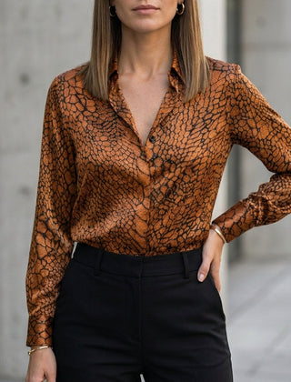 Dark brown summer blouse for women with print and long sleeves, stylish top from Christine Brewer.