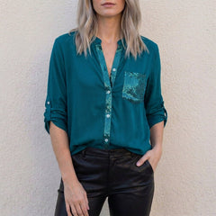 Dark green women's summer blouse with V-neck and denim button front, stylish top by Christine Brewer.