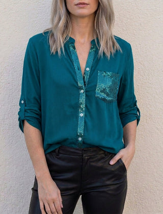 Dark green women's summer blouse with V-neck and denim button front, stylish top by Christine Brewer.