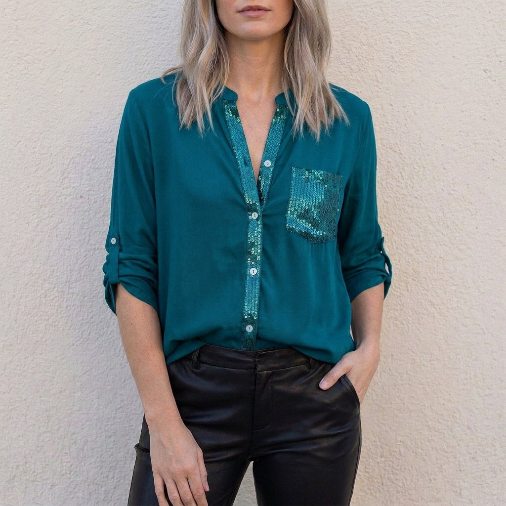 Dark green women's summer blouse with V-neck and denim button front, stylish top by Christine Brewer.