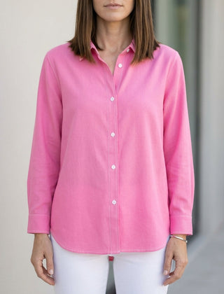 Dark pink linen summer blouse for women with button front by Christine Brewer, stylish and breathable women's top.
