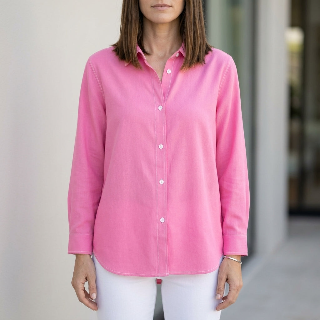 Dark pink linen summer blouse for women with button front by Christine Brewer, stylish and breathable women's top.