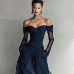 Dark blue chiffon maxi dress for women by Christine Brewer, flowing evening dress with elegant, lightweight fabric and full-length design.