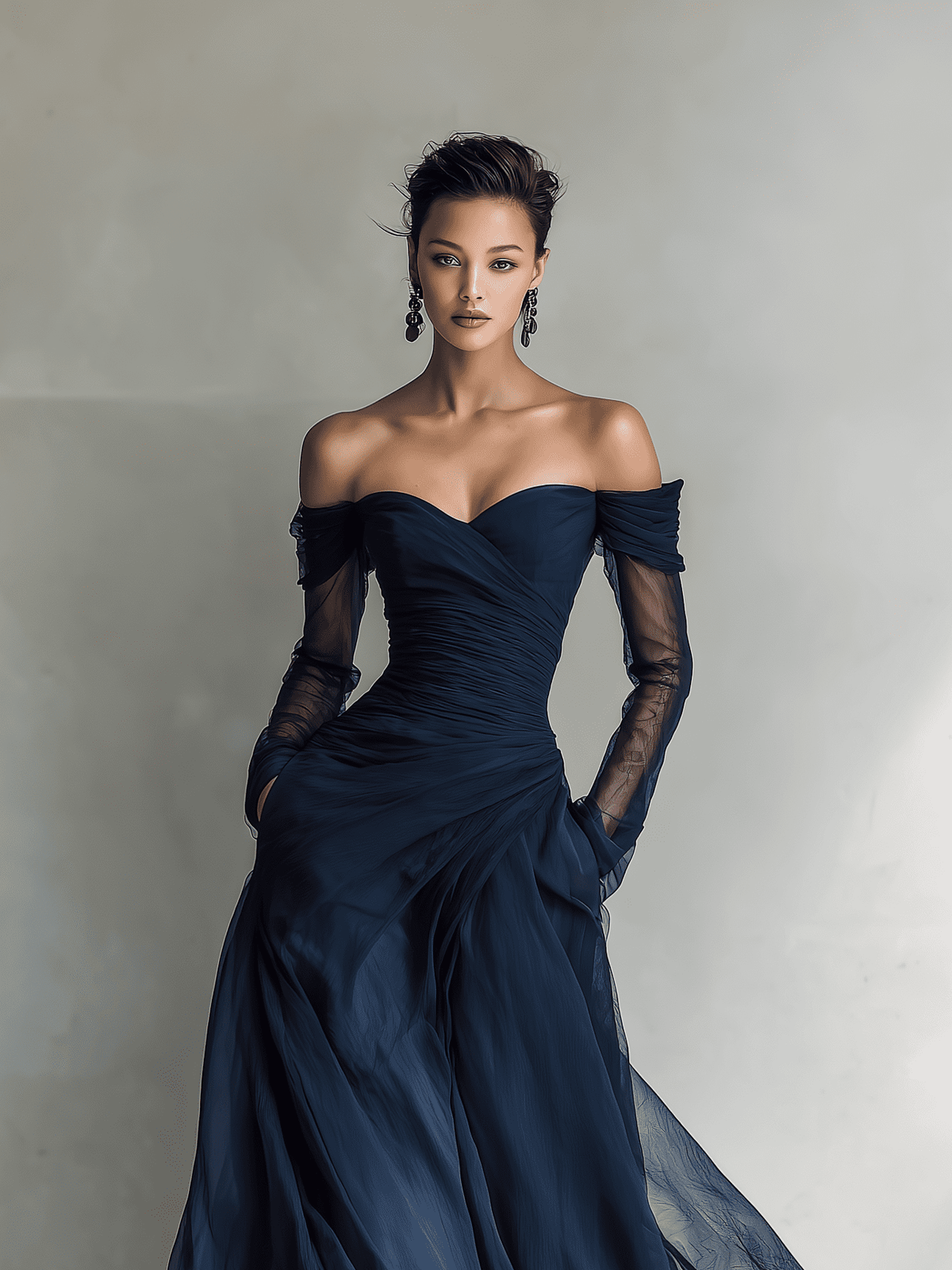 Dark blue chiffon maxi dress for women by Christine Brewer, flowing evening dress with elegant, lightweight fabric and full-length design.