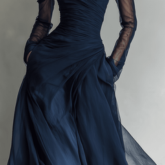 Dark blue chiffon maxi dress for women by Christine Brewer, flowing evening gown with elegant drape and long length.