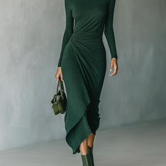 Dark green knit wrap midi dress for women by Christine Brewer, featuring long sleeves and a fitted waist.