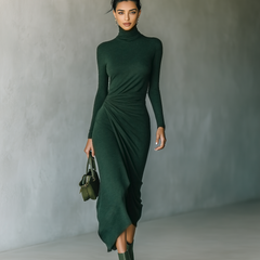 Dark green knit wrap midi dress for women by Christine Brewer, featuring long sleeves and a fitted waist, displayed on a mannequin.