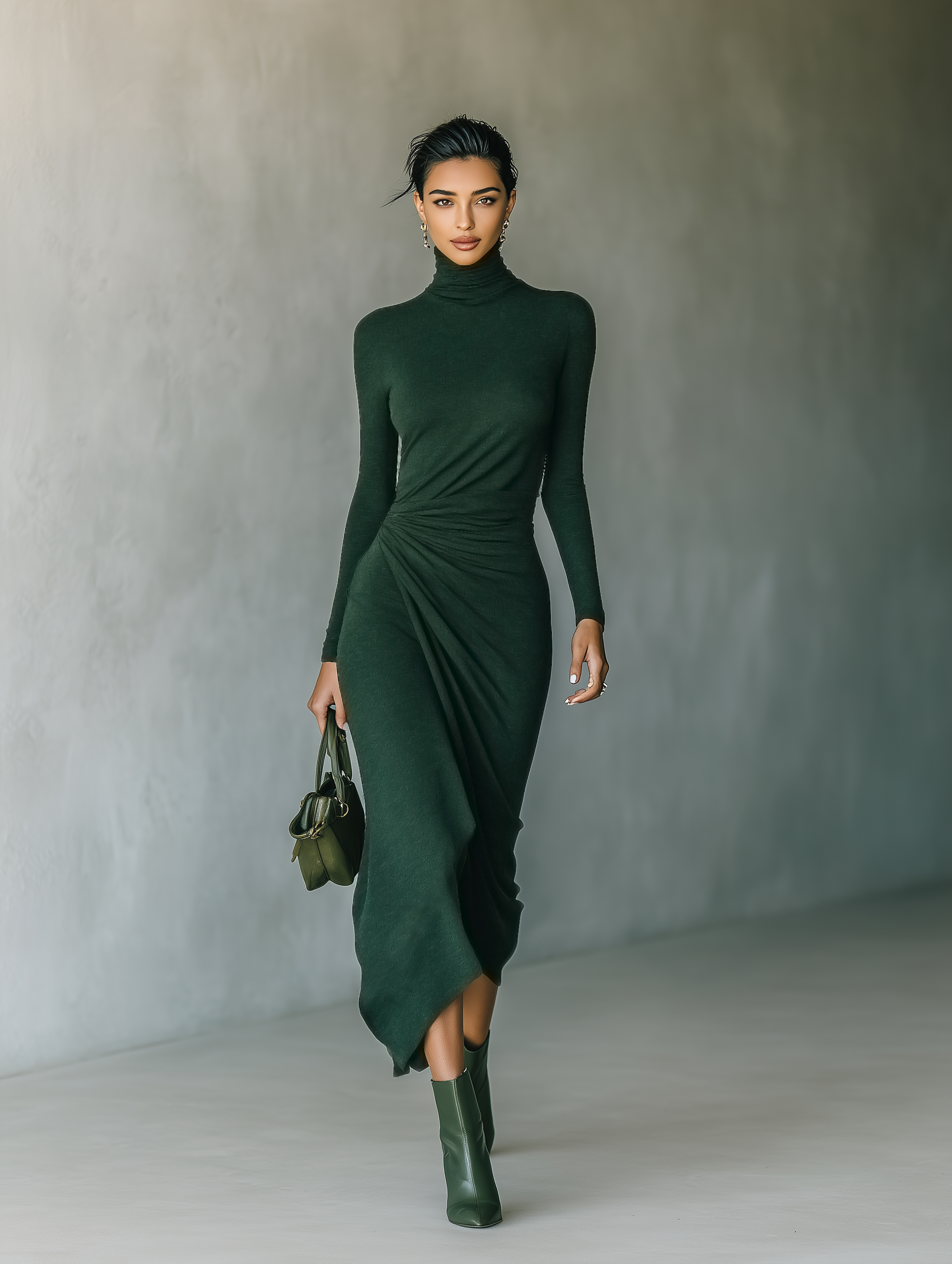 Dark green knit wrap midi dress for women by Christine Brewer, featuring long sleeves and a fitted waist, displayed on a mannequin.